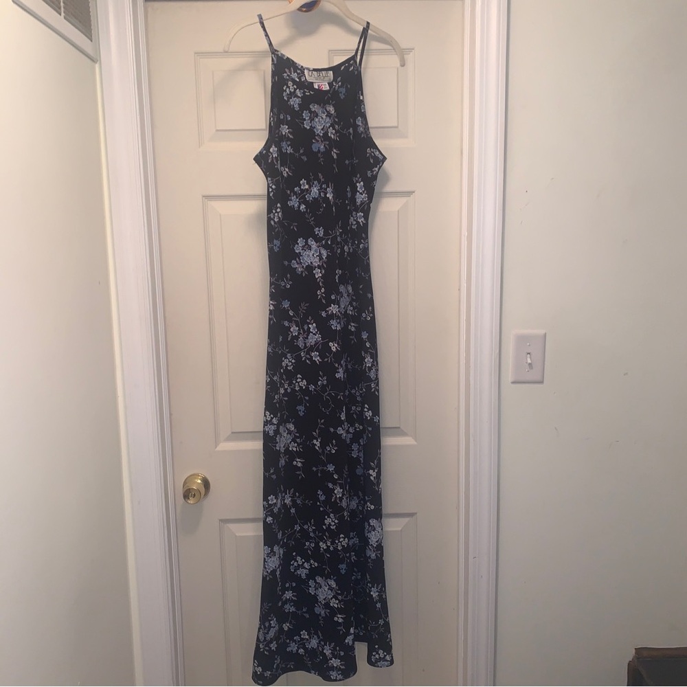 Vintage 90's La Belle Navy Blue Floral Maxi Dress Junior Size 9